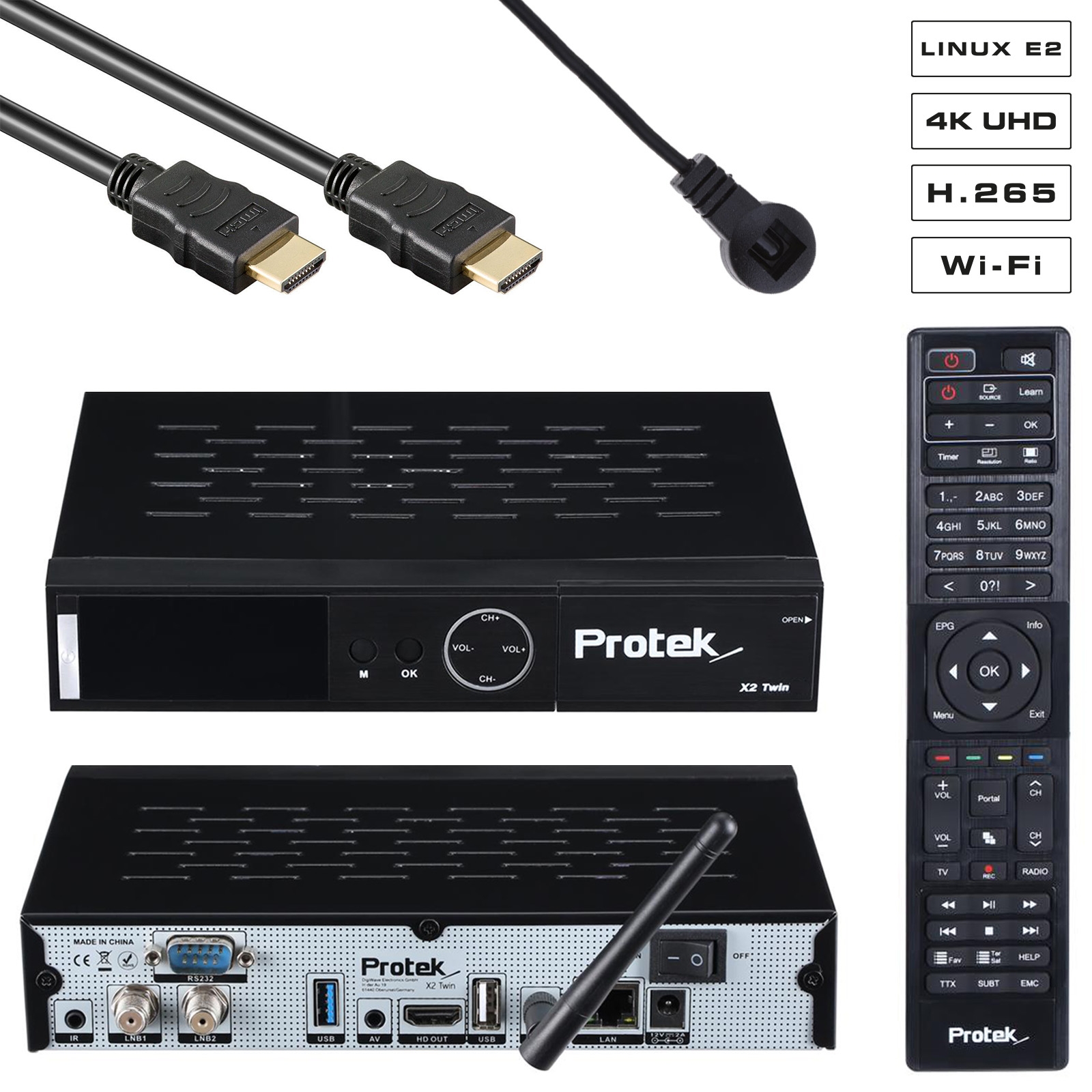 Protek X2 Twin 4K UHD 2160p H.265 HEVC E2 Linux 2.4 GHz WiFi 2x DVB-S2 Sat Receiver Schwarz