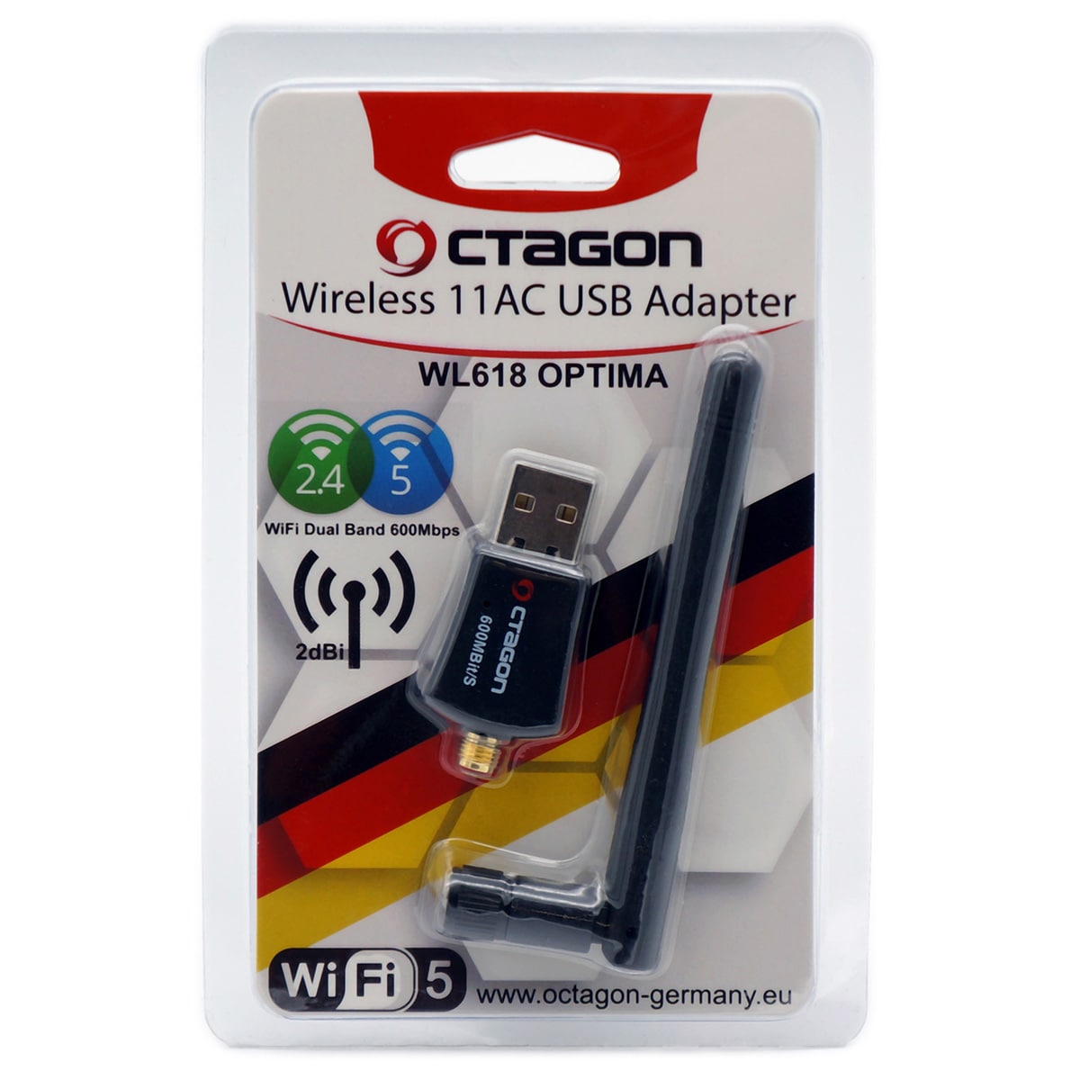 Octagon WL618 Optima WLAN Adapter mit Antenne (600 MBit/s, 2.4 & 5 GHz Dual-Band, USB 2.0, schwarz)