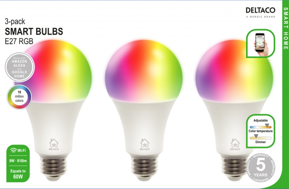 Deltaco LED-Lampe SH-LE27RGB WiFi, 9W, 16mio Farben, 3er-Pack
