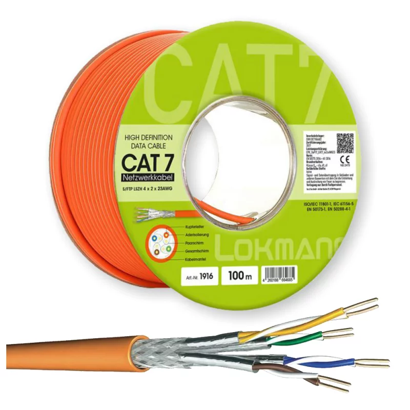 Cat 7 Netzwerkkabel Verlegekabel 1000 MHz S-FTP orange Halogenfrei,100 meter