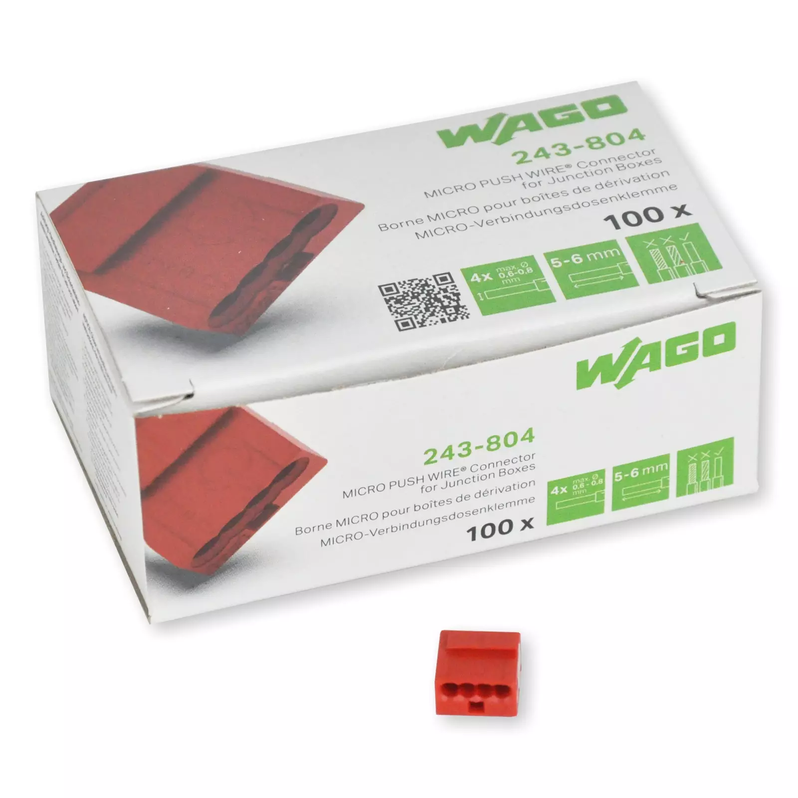 100 Stück Wago 4polig rot 0,6 - 0,8mm² Micro Verbindungsklemmen (243-204)