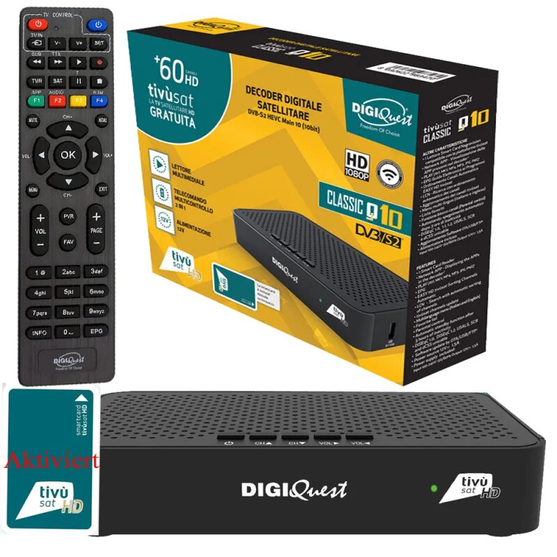 DIGIQuest Q10 Full HD Sat-Receiver mit Aktiver Tivusat Karte (DVB-S2, HDMI, SCART, LAN)
