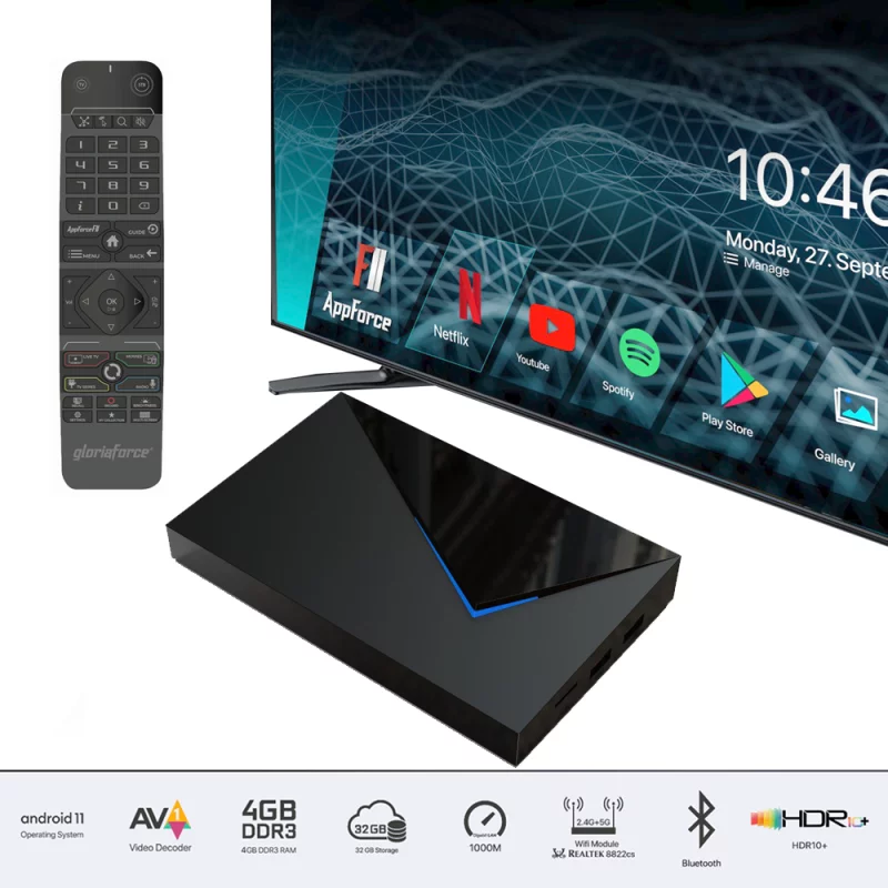 Gloriaforce RTX Quattro UHD IPTV Player Android 11,H.265, 4GB. RAM,32GB Flash,AV1,WLAN