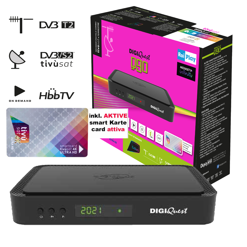 DIGIQuest Q90 4K UHD Combo Receiver mit Aktiver Tivusat Karte (DVB-S2/T2, HDMI, USB 3.0, LAN)