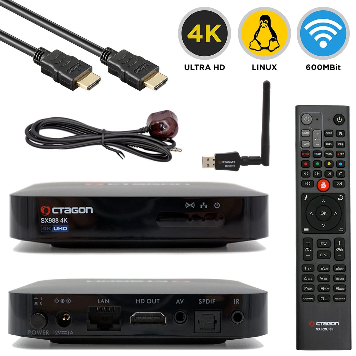 Octagon SX988 4K UHD Linux E2 IP-Receiver mit 600 MBit/s WLAN Stick H.265, LAN, HDMI, USB