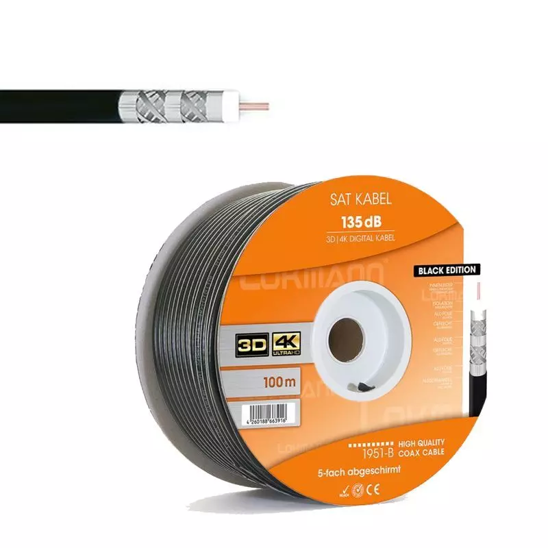 135dB Stahl Kupfer 7mm SAT Koaxial Antennenkabel 5-fach 4K 8K UHD, 100m,Schwarz