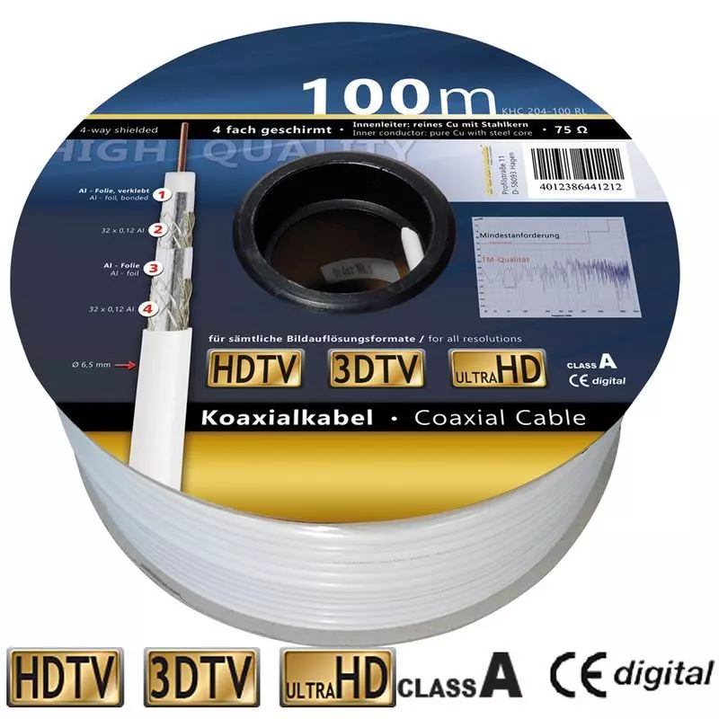 100m Koaxialkabel Sat Kabel 120dB 4 Fach abgeschirmt Class A Koax Kabel